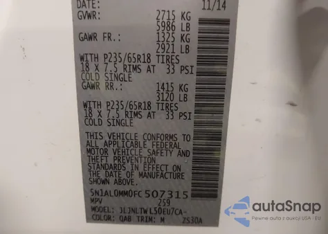 2015 Infiniti Qx60 z USA, uszkodzony, nr VIN 5N1AL0MM0FC507315